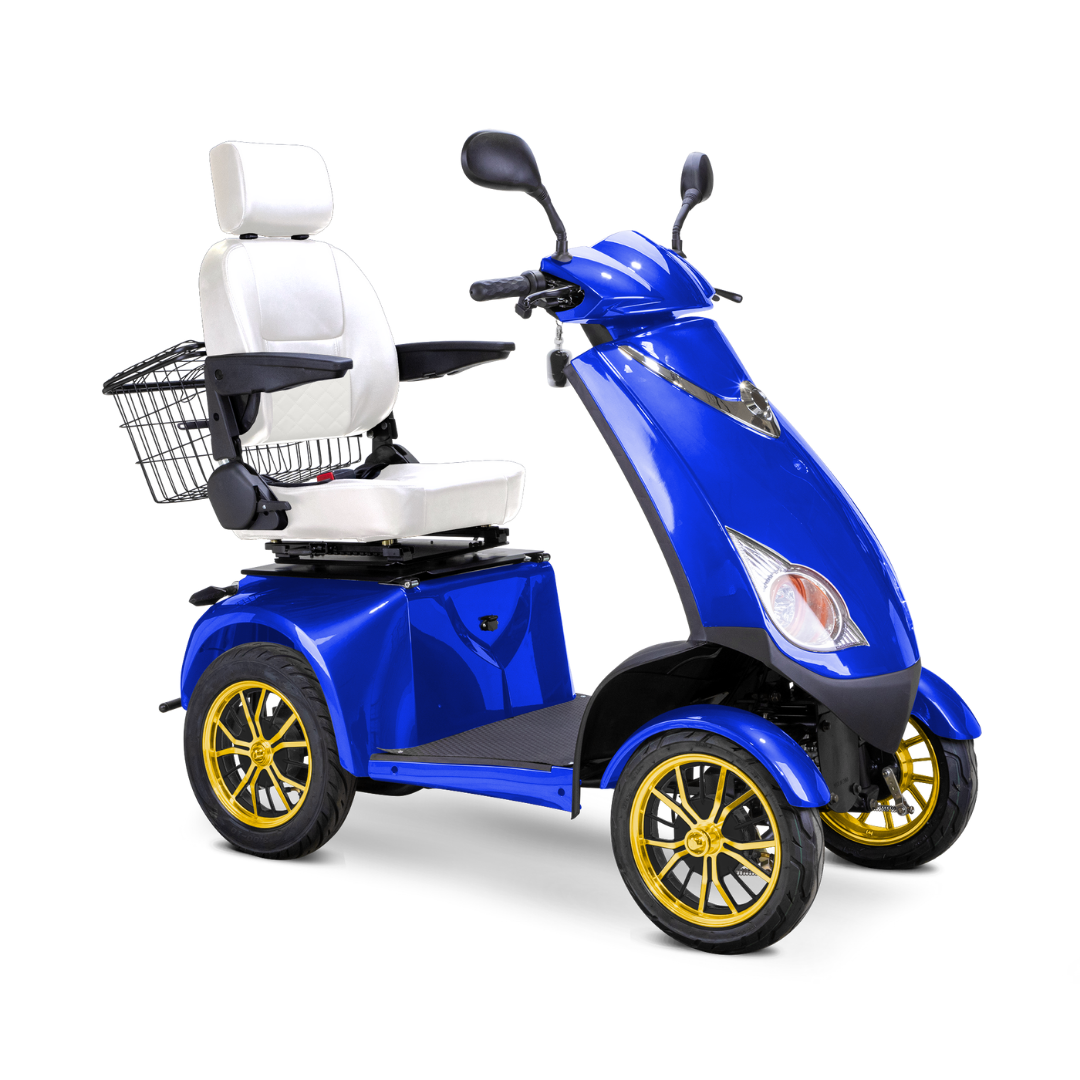 The Bespoke Platinum Recreational 4-Wheel Scooter with Electric Brake Assist features gold rims, a high-performance motor, blue body, cushioned white seat with armrests and headrest, rearview mirrors, and a metal rear basket.